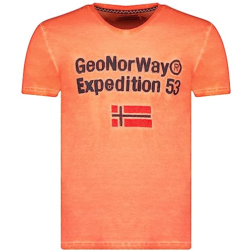 Geographical Norway Jimdo Men - Herren T-Shirt Baumwolle - T Shirts Klassischer Sommer - Körperbekleidung Kurzer Ärmel V-Ausschnitt Regulärer Schnitt (Koralle L) von Geographical Norway