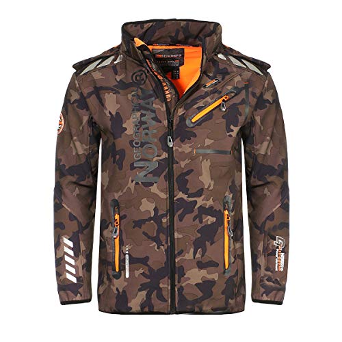 Geographical Norway Royal Men Softshell Jacke Herren Wasserdicht Jacke mit Kapuze Outdoor Windjacke Taktische Jacke Winter ideal für Aktivitäten im Freien (CAMO Khaki / Orange, L) von Geographical Norway