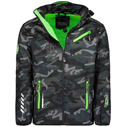 Geographical Norway Royaute Men Distribrands - Wasserdichte Herren-Softshell-Jacke - Atmungsaktiver Outdoor-Mantel Kapuze Tactical Resistant Windbreaker (Camo_Schwarz_Grün L) von Geographical Norway