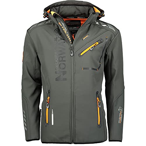 Geographical Norway Royaute Men Distribrands - Wasserdichte Herren-Softshell-Jacke - Atmungsaktiver Outdoor-Mantel Kapuze Tactical Resistant Windbreaker (Dunkelgrau_Orange M) von Geographical Norway