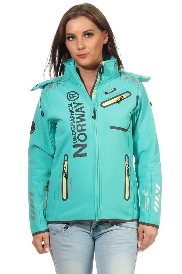 Geographical Norway Softshelljacke Damen Softshell Windbreaker Regen Outdoor Jacke in Unifarbe, mit abnehmbarer Kapuze, mit Stehkragen von Geographical Norway