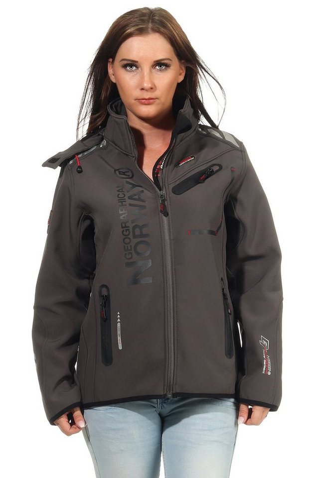 Geographical Norway Softshelljacke Damen Softshell Windbreaker Regen Outdoor Jacke in Unifarbe, mit abnehmbarer Kapuze, mit Stehkragen von Geographical Norway