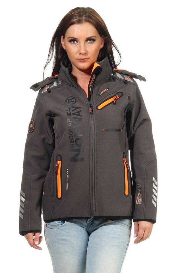 Geographical Norway Softshelljacke Damen Softshell Windbreaker Regen Outdoor Jacke in Unifarbe, mit abnehmbarer Kapuze, mit Stehkragen von Geographical Norway