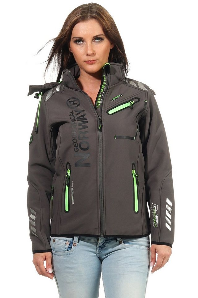 Geographical Norway Softshelljacke Damen Softshell Windbreaker Regen Outdoor Jacke in Unifarbe, mit abnehmbarer Kapuze, mit Stehkragen von Geographical Norway