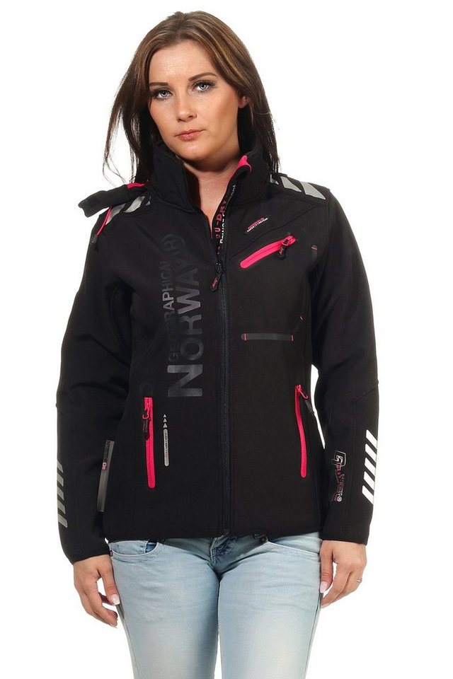 Geographical Norway Softshelljacke Damen Softshell Windbreaker Regen Outdoor Jacke in Unifarbe, mit abnehmbarer Kapuze, mit Stehkragen von Geographical Norway