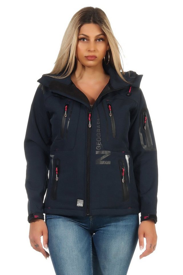 Geographical Norway Softshelljacke Geographical Norway Damen Softshell Outdoor Wander Sport Jacke in Unifarbe, mit abnehmbarer Kapuze, mit Stehkragen von Geographical Norway