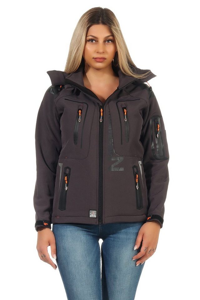 Geographical Norway Softshelljacke Geographical Norway Damen Softshell Outdoor Wander Sport Jacke in Unifarbe, mit abnehmbarer Kapuze, mit Stehkragen von Geographical Norway