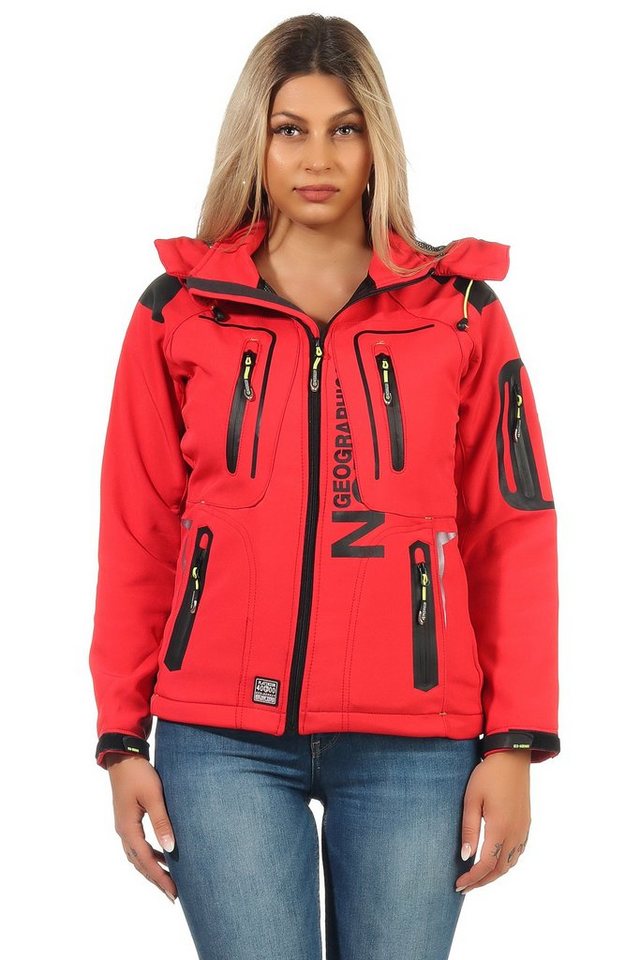 Geographical Norway Softshelljacke Geographical Norway Damen Softshell Outdoor Wander Sport Jacke in Unifarbe, mit abnehmbarer Kapuze, mit Stehkragen von Geographical Norway