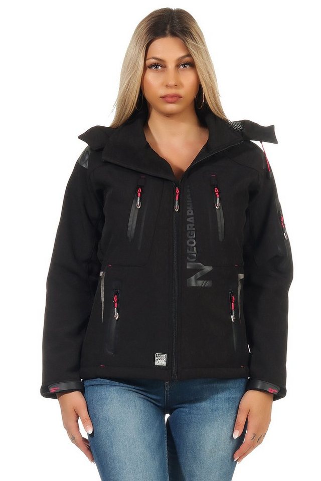 Geographical Norway Softshelljacke Geographical Norway Damen Softshell Outdoor Wander Sport Jacke in Unifarbe, mit abnehmbarer Kapuze, mit Stehkragen von Geographical Norway