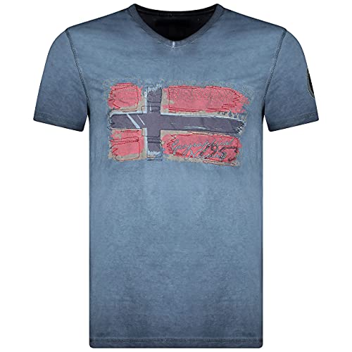 Geographical Norway JOASIS Herren T-Shirt Baumwolle Casual – T-Shirt Bedruckt Logo Grafik – Kurze Ärmel – V-Ausschnitt Regular Fit Herren (Marine, L) von Geographical Norway