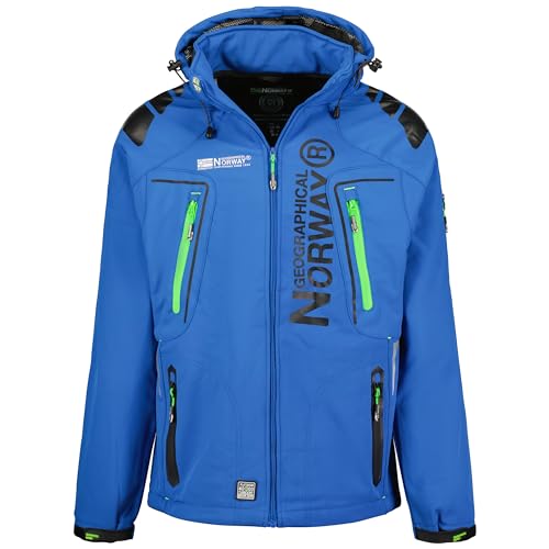 Geographical Norway Techno Funktionsjacke mit Tangata-Logo in Royal Farbe und neongrünen Details mit Kapuze und Außentaschen, Royal/Grün, XL von Geographical Norway