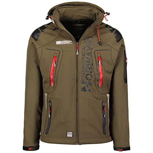 Geographical Norway Techno Men - Giacca Cappuccio Softshell Impermeabile Uomo - Giacca Vento Tattica Da Esterno - Escursionismo Sci Autunno Inverno Primavera (Cachi/Rosso L) von Geographical Norway