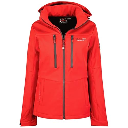 Geographical Norway Timmex Lady - Softshelljacke Damen Wasserdicht atmungsaktiv Kapuze - Outdoor Mantel Widerstandsfähig Windbreaker Jacke - Wandern Ski Winter Frühling (Rot Schwarz L) von Geographical Norway