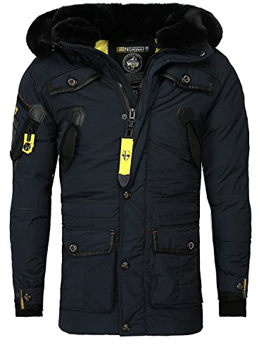 Geographical Norway Wintermantel ACORE Hochwertige Verarbeitung Kunstleder Applikationen Viele Eingriffstaschen Gefüttert navy M von Geographical Norway