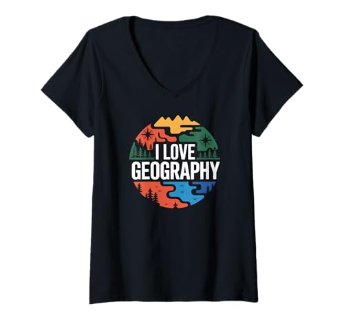 Damen Ich Liebe Geography Nature Explorer T-Shirt mit V-Ausschnitt Damen Ich Liebe Geography Nature Explorer T-Shirt mit V-Ausschnitt von Geography Adventure Enthusiast