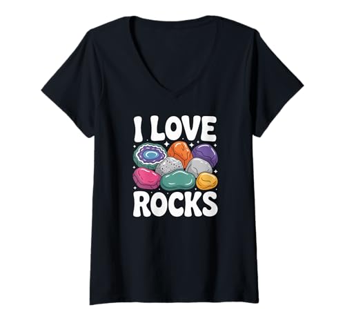 Damen I Love Rocks Edelsteine Mineralien Design T-Shirt mit V-Ausschnitt Damen I Love Rocks Edelsteine Mineralien Design T-Shirt mit V-Ausschnitt von Geology Rock Enthusiasts Club Collection