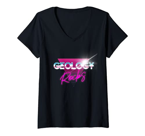 Damen Geology Rocks Science 80er Jahre Glam Rock Lustiges Design T-Shirt mit V-Ausschnitt von Geology by Science N Stuff