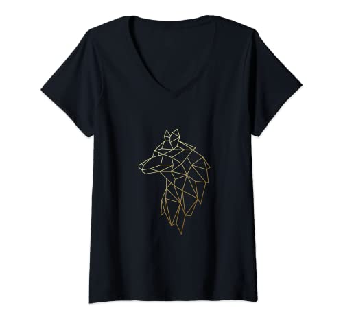 Damen Abstrakter geometrischer polygonaler goldener Wolf T-Shirt mit V-Ausschnitt Damen Abstrakter geometrischer polygonaler goldener Wolf T-Shirt mit V-Ausschnitt von Geometric Animals - Abstract Polygonal Wolf Shirts