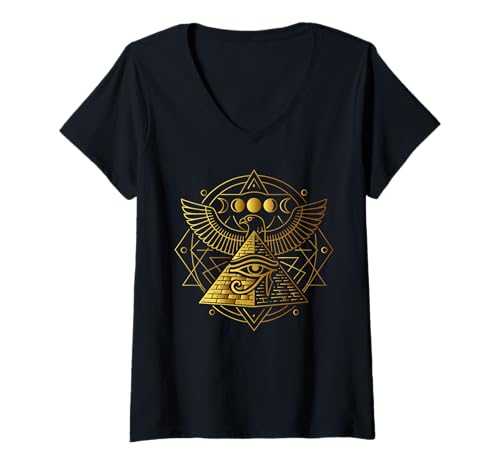 Damen Mystische ägyptische Pyramide Horus Auge Geometrie Ägypten T-Shirt mit V-Ausschnitt Damen Mystische ägyptische Pyramide Horus Auge Geometrie Ägypten T-Shirt mit V-Ausschnitt von Geometric Egyptology Mythology Sacred Geometry