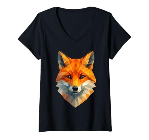 Damen Geometrischer polygonaler Fuchs, niedrig, Polytier, Tierwelt T-Shirt mit V-Ausschnitt von Geometric Fox Triangle Polygon Low Poly Design
