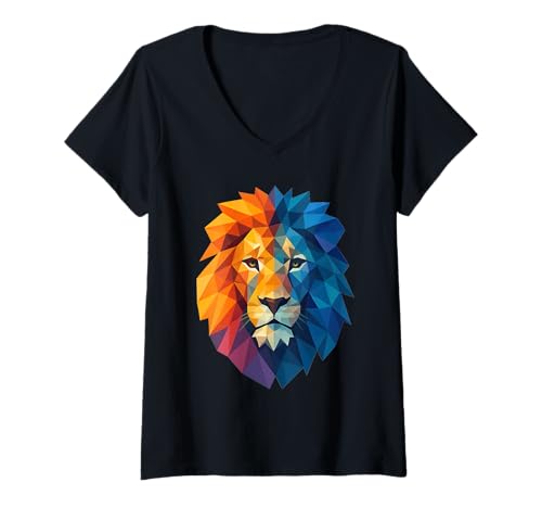 Damen Buntes geometrisches Löwenkopf-Polygon-Polygon T-Shirt mit V-Ausschnitt Damen Buntes geometrisches Löwenkopf-Polygon-Polygon T-Shirt mit V-Ausschnitt von Geometric Lion Polygon Animal Wildlife Design