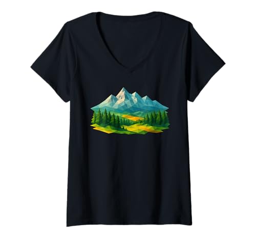 Damen Geometrische Berglandschaft Low Poly Nature T-Shirt mit V-Ausschnitt Damen Geometrische Berglandschaft Low Poly Nature T-Shirt mit V-Ausschnitt von Geometric Outdoor Nature Polygon Triangular Design