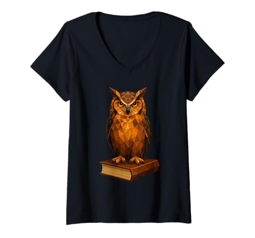 Damen Bücherwurm mit geometrischer Eule, niedrig, Polyvogel, dunkel T-Shirt mit V-Ausschnitt von Geometric Owl Polygon Triangle Shape Bird Design
