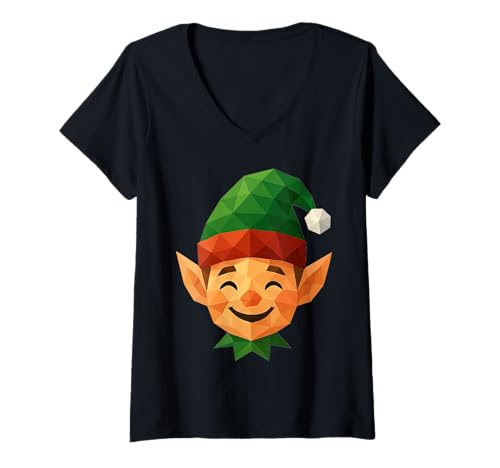 Damen Niedriges Polygon, Weihnachtselfengesicht, geometrisches Polygon T-Shirt mit V-Ausschnitt Damen Niedriges Polygon, Weihnachtselfengesicht, geometrisches Polygon T-Shirt mit V-Ausschnitt von Geometric Polygon Santa Helper Low Poly Design