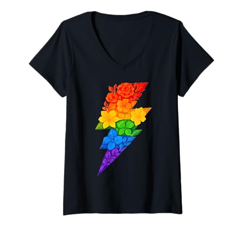Damen Buntes Blumenmuster Donner Bunt Geometrisch Niedrig Poly T-Shirt mit V-Ausschnitt Damen Buntes Blumenmuster Donner Bunt Geometrisch Niedrig Poly T-Shirt mit V-Ausschnitt von Geometric Rainbow LGBTQ Pride Design
