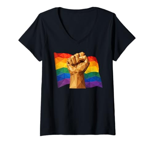 Damen Geometrische Regenbogen-Flagge, Faust, niedrig, Poly-Empowerment T-Shirt mit V-Ausschnitt Damen Geometrische Regenbogen-Flagge, Faust, niedrig, Poly-Empowerment T-Shirt mit V-Ausschnitt von Geometric Rainbow Pride LGBTQ Symbol Design