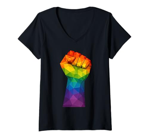 Damen Regenbogenfaust stärkt polygonalen Stolz aus niedrigem Polygon-Gewebe T-Shirt mit V-Ausschnitt Damen Regenbogenfaust stärkt polygonalen Stolz aus niedrigem Polygon-Gewebe T-Shirt mit V-Ausschnitt von Geometric Rainbow Pride LGBTQ Symbol Design