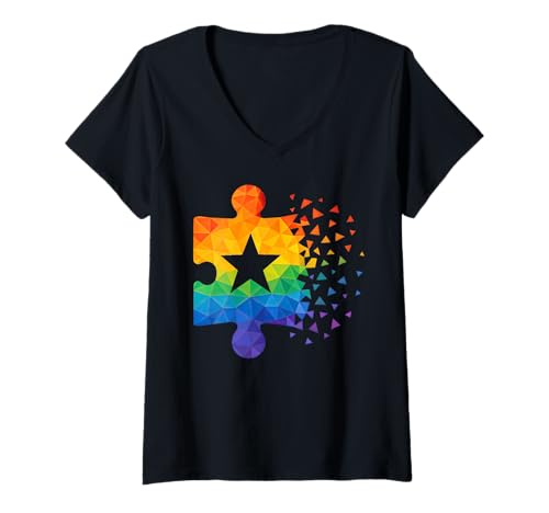 Damen Buntes niedriges Poly-Regenbogen-Puzzleteil, Autismus-Bewusstsein T-Shirt mit V-Ausschnitt Damen Buntes niedriges Poly-Regenbogen-Puzzleteil, Autismus-Bewusstsein T-Shirt mit V-Ausschnitt von Geometric Rainbow Puzzle Empowerment Designs