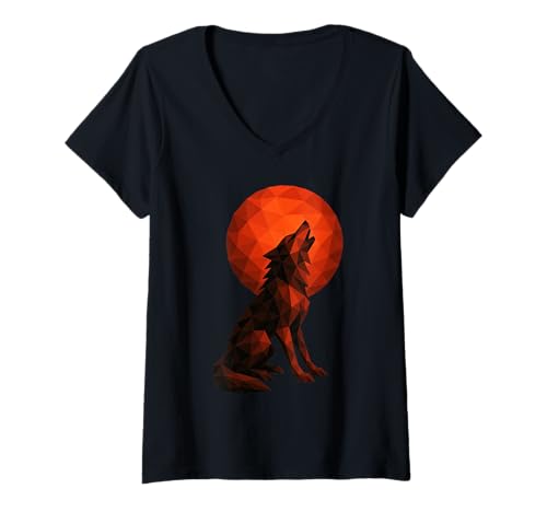 Damen Niedriger Poly Heulender Wolf Gothic Geometrisches Polygon T-Shirt mit V-Ausschnitt Damen Niedriger Poly Heulender Wolf Gothic Geometrisches Polygon T-Shirt mit V-Ausschnitt von Geometric Spooky Wolf Fullmoon Polygonal Design