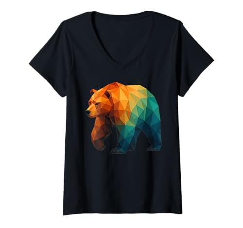 Damen Retro Geometrischer Bär Wildlife Low Poly Tier T-Shirt mit V-Ausschnitt Damen Retro Geometrischer Bär Wildlife Low Poly Tier T-Shirt mit V-Ausschnitt von Geometric Wildlife Bear Triangle Polygon Animal
