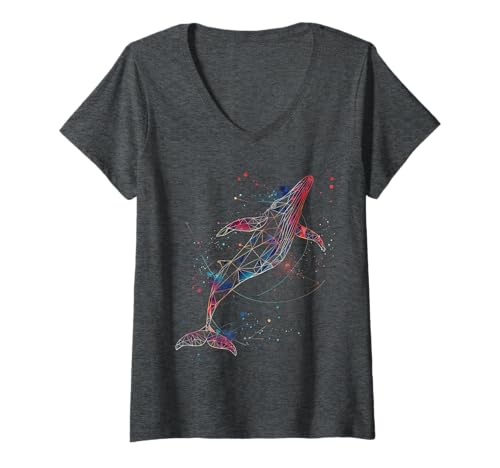 Damen Geometrischer Wal T-Shirt mit V-Ausschnitt von Geometrische Wale Geschenkartikel