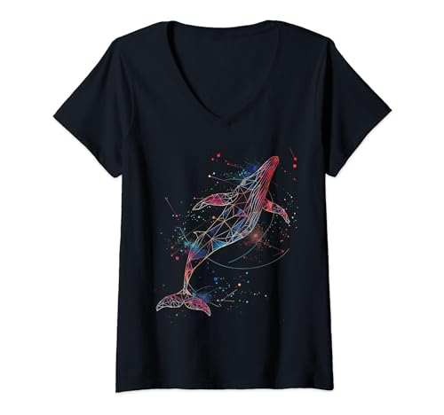 Damen Geometrischer Wal T-Shirt mit V-Ausschnitt von Geometrische Wale Geschenkartikel