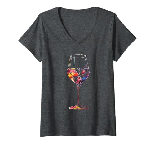 Damen Geometrisches Weinglas T-Shirt mit V-Ausschnitt von Geometrisches Weinglas Geschenk Kleidung