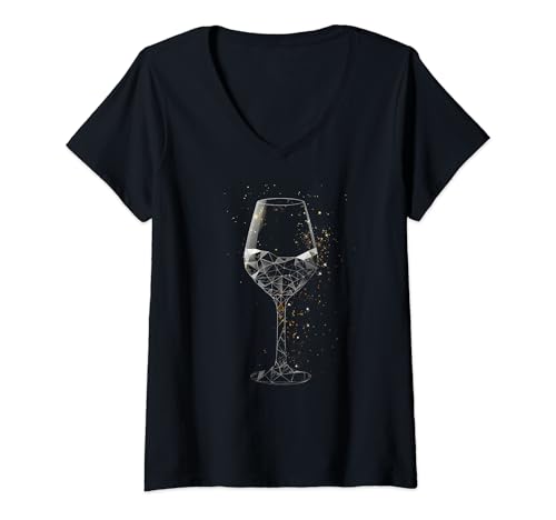 Damen Geometrisches Weinglas T-Shirt mit V-Ausschnitt von Geometrisches Weinglas Geschenk Kleidung