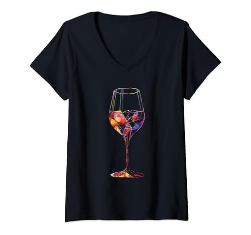 Damen Geometrisches Weinglas T-Shirt mit V-Ausschnitt von Geometrisches Weinglas Geschenk Kleidung