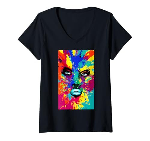 Damen Abstraktes Portrait der gemalten Dame – Bunte surreale Gesichtskunst T-Shirt mit V-Ausschnitt Damen Abstraktes Portrait der gemalten Dame – Bunte surreale Gesichtskunst T-Shirt mit V-Ausschnitt von Geonetiqué Designs