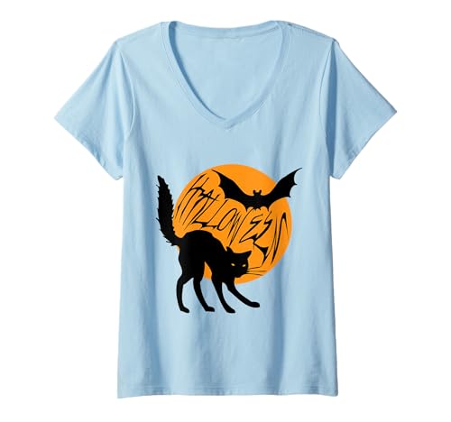 Damen Halloween Schwarze Katze Fledermaus Mond - Gruseliges gruseliges Oktober Design T-Shirt mit V-Ausschnitt Damen Halloween Schwarze Katze Fledermaus Mond - Gruseliges gruseliges Oktober Design T-Shirt mit V-Ausschnitt von Geonetiqué Designs