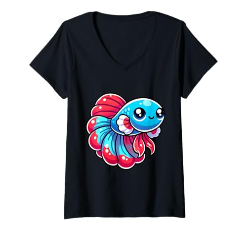 Damen Kawaii Betta Fisch, buntes Wassertier T-Shirt mit V-Ausschnitt Damen Kawaii Betta Fisch, buntes Wassertier T-Shirt mit V-Ausschnitt von Geonetiqué Designs