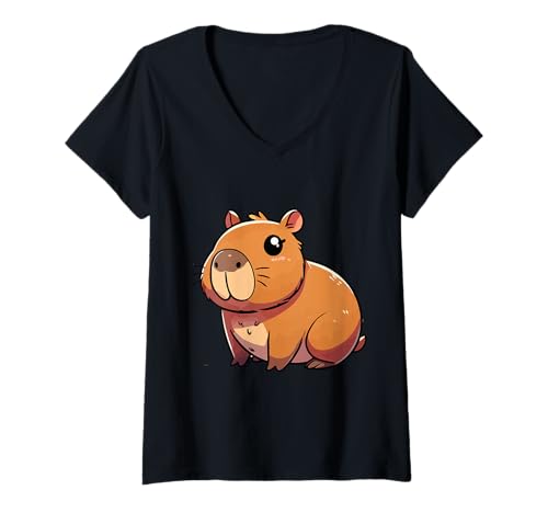 Damen Kawaii Capybara, bezaubernde Chill-Vibes-Kunst T-Shirt mit V-Ausschnitt Damen Kawaii Capybara, bezaubernde Chill-Vibes-Kunst T-Shirt mit V-Ausschnitt von Geonetiqué Designs