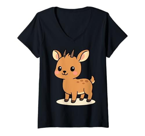 Damen Kawaii Dik-Dik Cartoon süßes afrikanisches Antilopen-Design T-Shirt mit V-Ausschnitt Damen Kawaii Dik-Dik Cartoon süßes afrikanisches Antilopen-Design T-Shirt mit V-Ausschnitt von Geonetiqué Designs