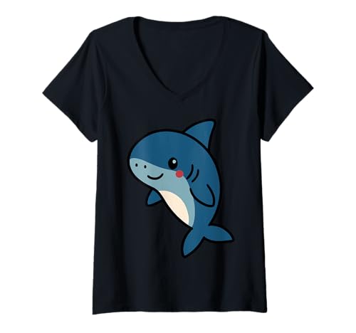 Damen Kawaii Hai niedliche Cartoon Meerestier-Illustration T-Shirt mit V-Ausschnitt Damen Kawaii Hai niedliche Cartoon Meerestier-Illustration T-Shirt mit V-Ausschnitt von Geonetiqué Designs