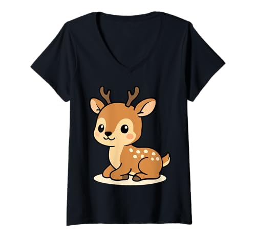 Damen Kawaii Hirsch Cartoon Cute Woodland Rehkitz Illustration T-Shirt mit V-Ausschnitt Damen Kawaii Hirsch Cartoon Cute Woodland Rehkitz Illustration T-Shirt mit V-Ausschnitt von Geonetiqué Designs