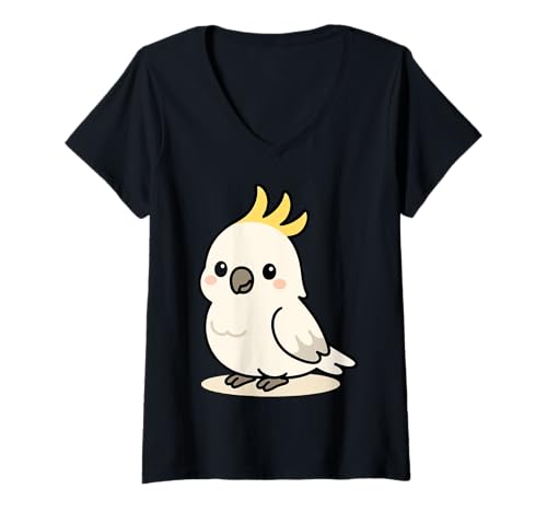 Damen Kawaii Kakadu Cartoon niedliche gelbe Schopfvogelkunst T-Shirt mit V-Ausschnitt Damen Kawaii Kakadu Cartoon niedliche gelbe Schopfvogelkunst T-Shirt mit V-Ausschnitt von Geonetiqué Designs