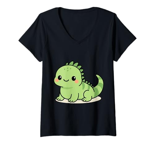 Damen Kawaii Leguan Cartoon niedliche Reptilien-Eidechse Illustration T-Shirt mit V-Ausschnitt Damen Kawaii Leguan Cartoon niedliche Reptilien-Eidechse Illustration T-Shirt mit V-Ausschnitt von Geonetiqué Designs