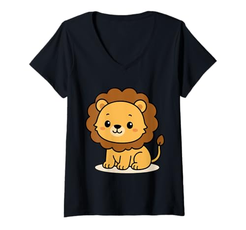 Damen Kawaii Löwe Cartoon Niedlicher Dschungelkönig Illustration T-Shirt mit V-Ausschnitt von Geonetiqué Designs