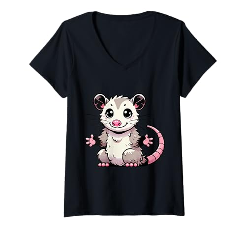 Damen Kawaii Opossum Art, niedliche Opossum-Illustration T-Shirt mit V-Ausschnitt Damen Kawaii Opossum Art, niedliche Opossum-Illustration T-Shirt mit V-Ausschnitt von Geonetiqué Designs
